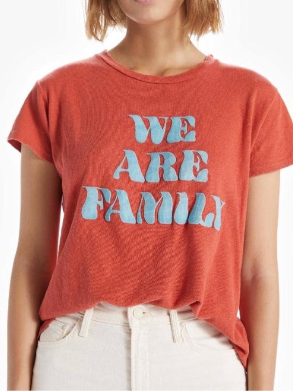 MOTHER The Sinful Wash Crewneck Tee We Are Family Orange Large